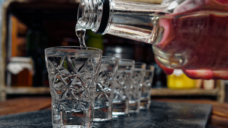 Person pouring vodka in shot glasses